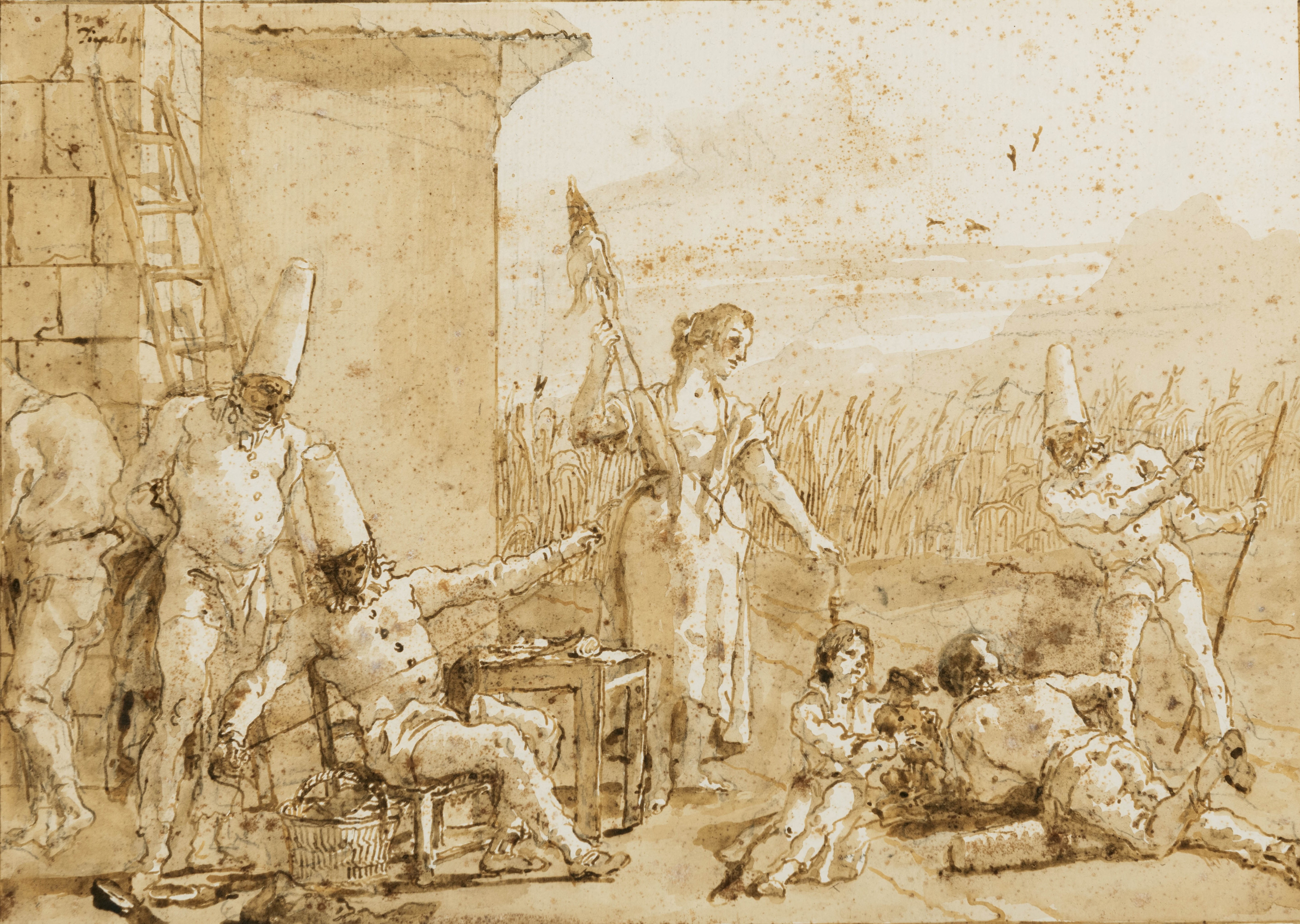 Punchinello and his Family Spinning Flax